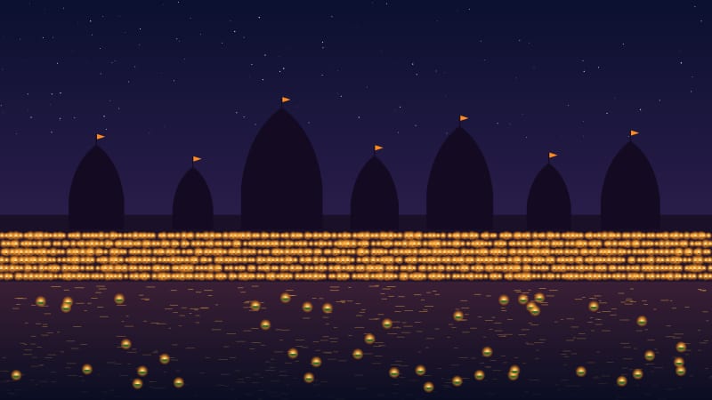 Illustration of rows of diyas on river ghats at night, with temple silhouettes