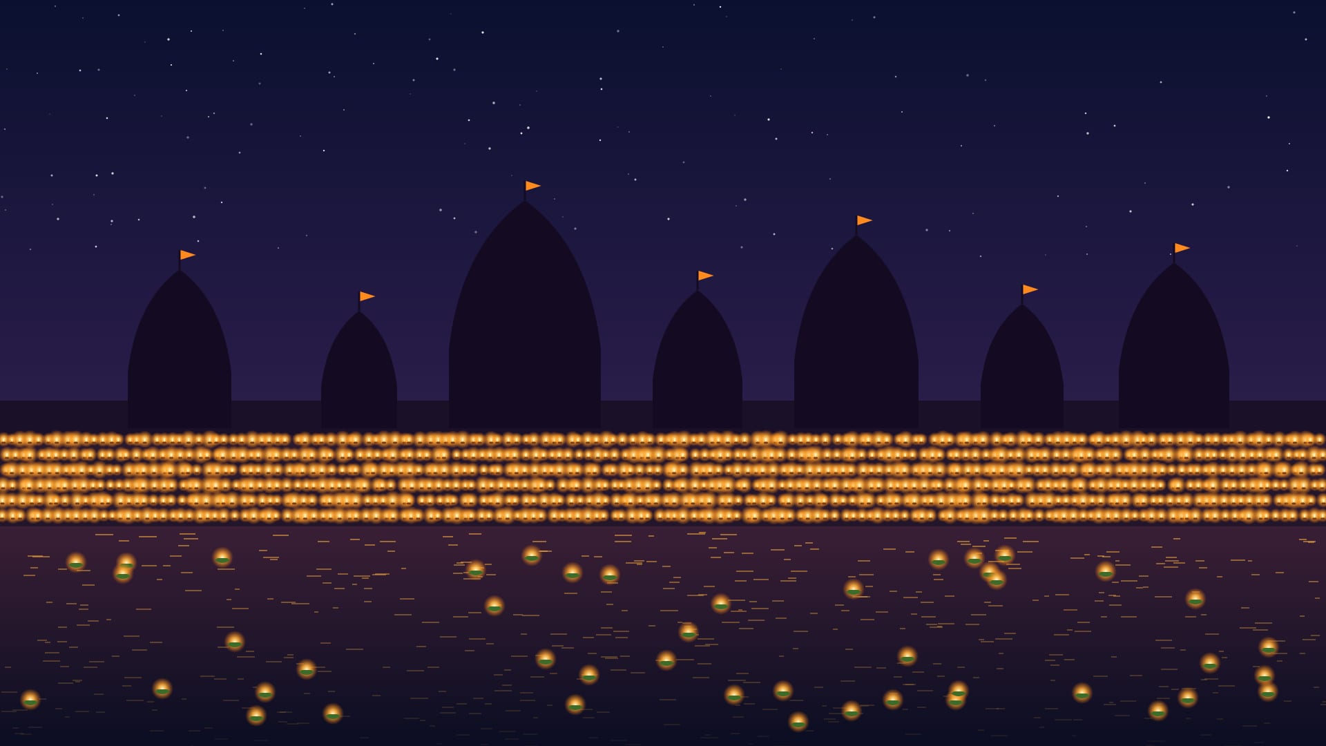 Illustration of rows of diyas on river ghats at night, with temple silhouettes