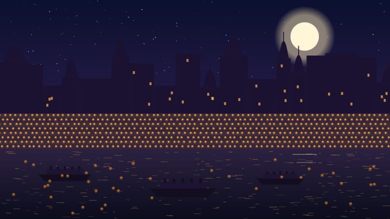 Illustration of rows of diyas on river ghats under a full moon, with boats on the river