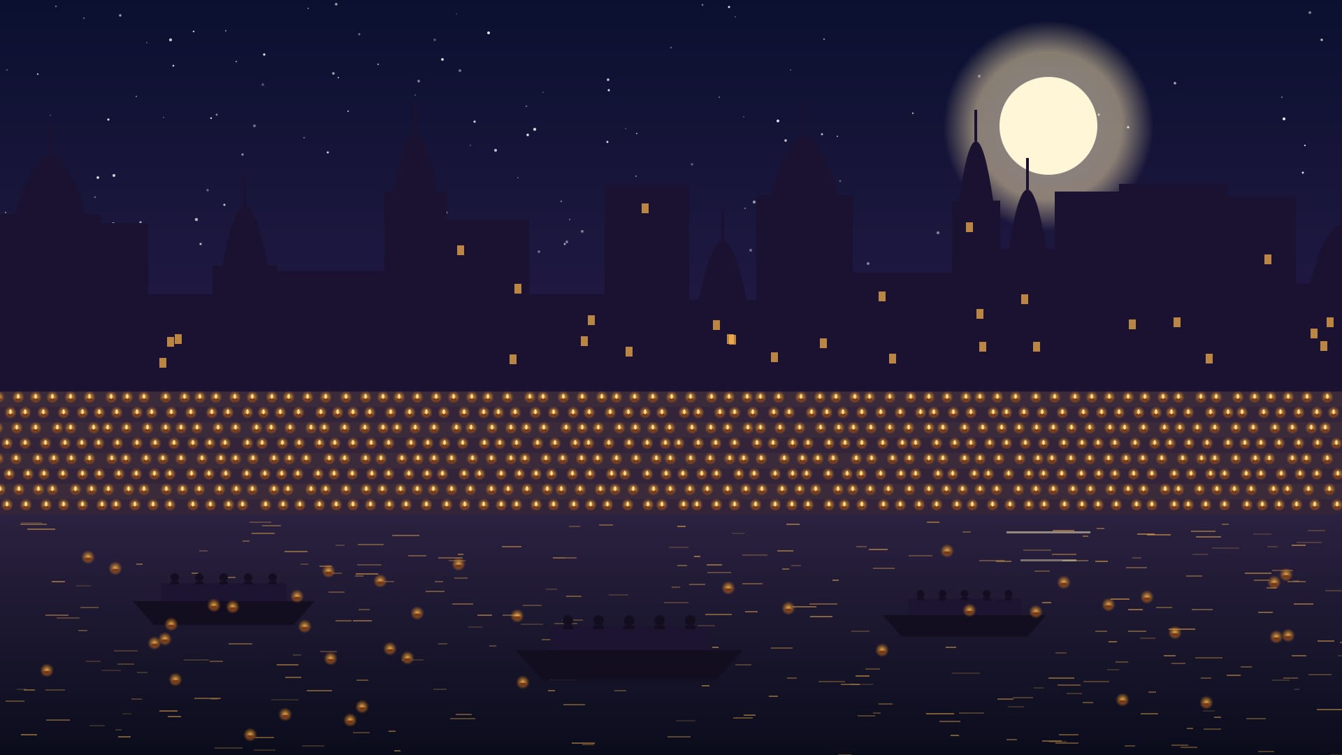 Illustration of rows of diyas on river ghats under a full moon, with boats on the river