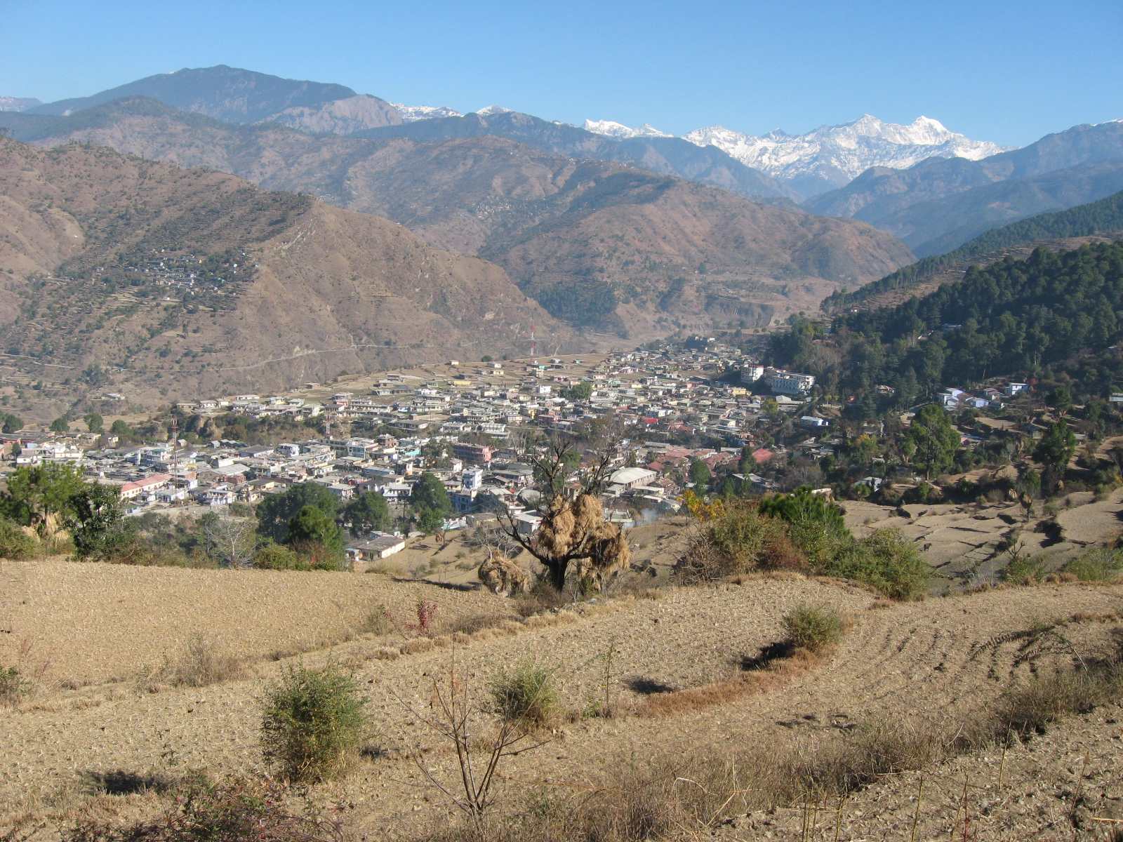 The hill road toward Barkot in the Yamuna valley below forested ridges