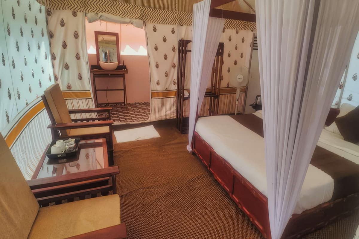 Inside a Luxury tent at a Pulp Hotels Kumbh camp