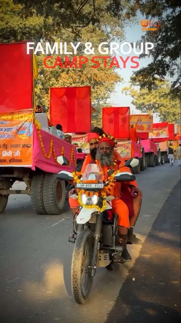Sadhus in saffron on a garlanded motorbike leading decorated akhada floats, with the words Family & Group Camp Stays