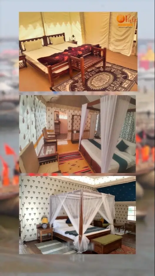 Three Kumbh Mela camp tents by Pulp Hotels: twin beds, and two four-poster beds with mosquito nets