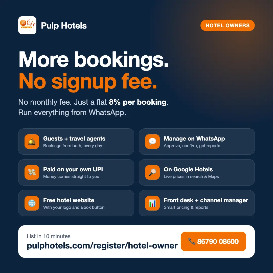 Pulp Hotels for hotel owners: no signup fee, flat 8% per booking