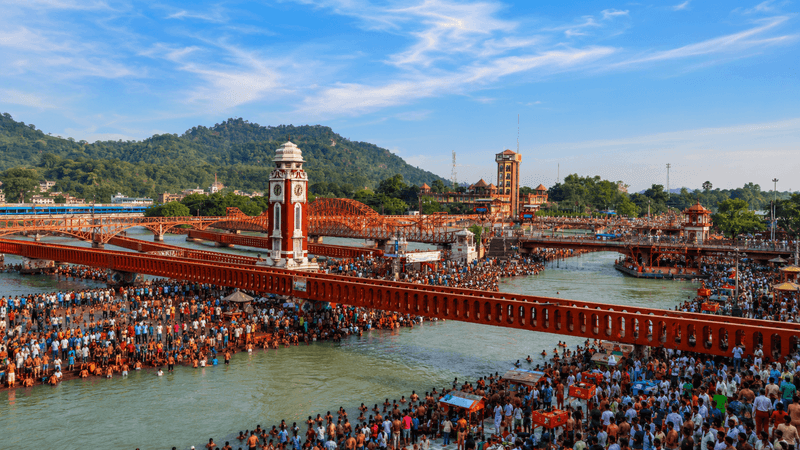 Pilgrims bathing at Har Ki Pauri on the Ganga in Haridwar