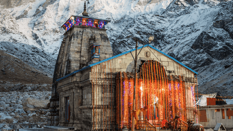 Kedarnath temple under snow-covered peaks at the head of the Mandakini valley